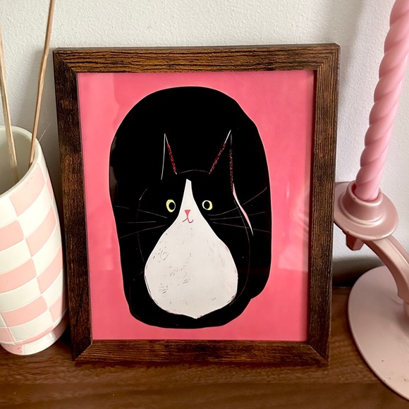 Other - Tuxedo Cat Pink Canvas Art Print Faux Wood Framed Kitty Illustration 9x11”